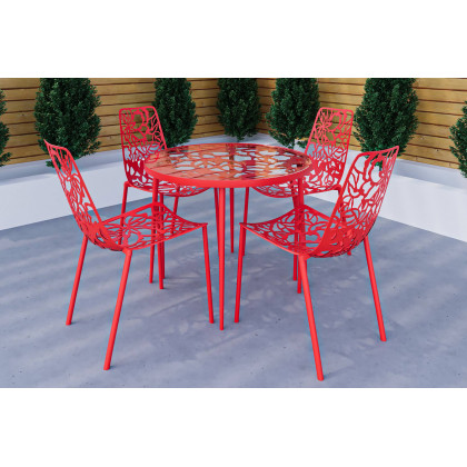 LeisureMod Devon Modern 5-Piece Aluminum Patio Dining Set with Dining Table and 4 Stackable Flower Design Chairs - Red