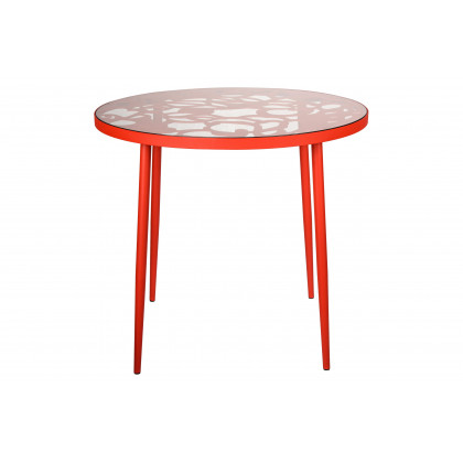 LeisureMod Devon Modern 5-Piece Aluminum Patio Dining Set with Dining Table and 4 Stackable Flower Design Chairs - Red