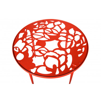 LeisureMod Devon Modern 5-Piece Aluminum Patio Dining Set with Dining Table and 4 Stackable Flower Design Chairs - Red