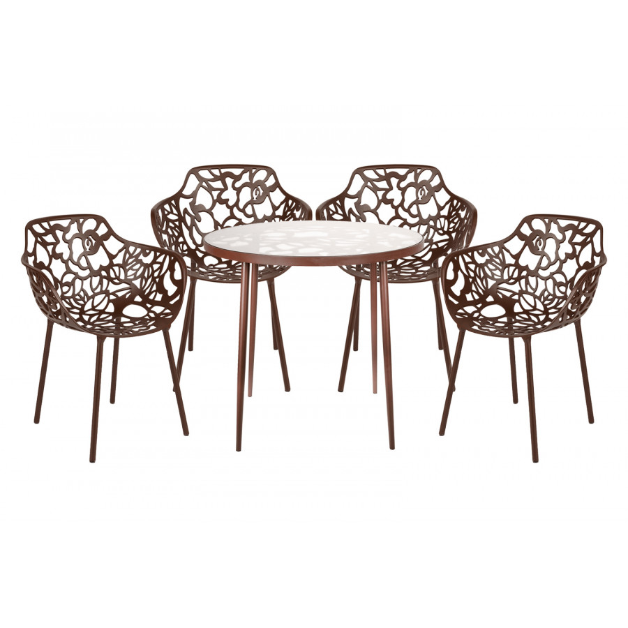 LeisureMod Devon Modern 5-Piece Aluminum Outdoor Dining Set with Dining Table and 4 Stackable Flower Design Armchairs - Brown