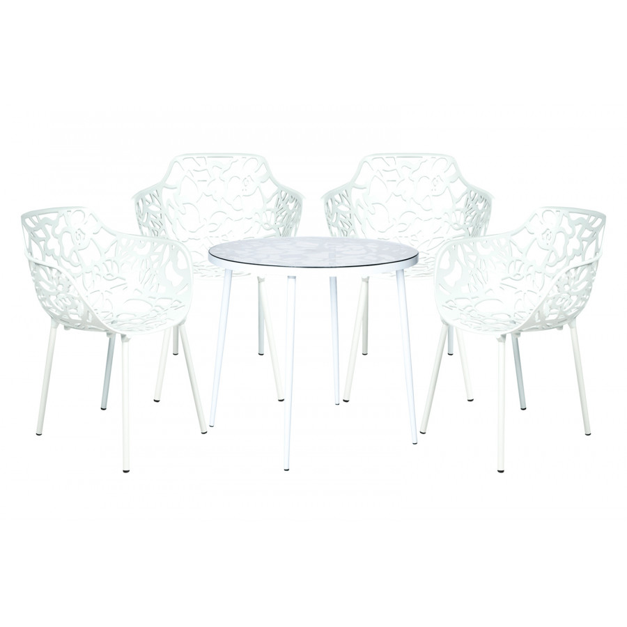 LeisureMod Devon Modern 5-Piece Aluminum Outdoor Dining Set with Dining Table and 4 Stackable Flower Design Armchairs - White