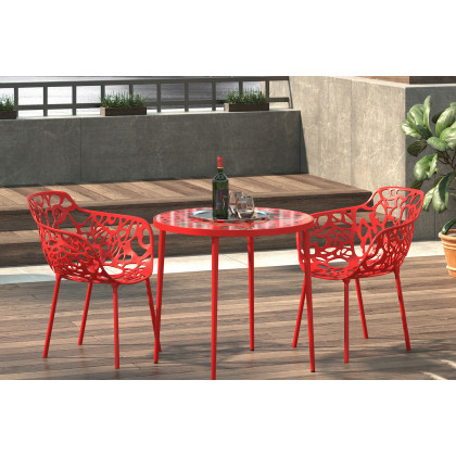 LeisureMod Devon Tree Design Glass Top Aluminum Base Indoor Outdoor Bistro Dining Table - Red