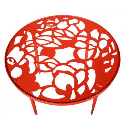 LeisureMod Devon Tree Design Glass Top Aluminum Base Indoor Outdoor Bistro Dining Table - Red
