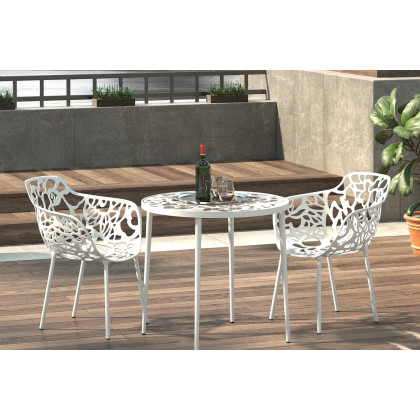 LeisureMod Devon Tree Design Glass Top Aluminum Base Indoor Outdoor Bistro Dining Table - White