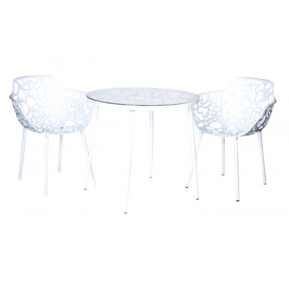 LeisureMod Devon Tree Design Glass Top Aluminum Base Indoor Outdoor Bistro Dining Table - White