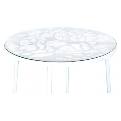 LeisureMod Devon Tree Design Glass Top Aluminum Base Indoor Outdoor Bistro Dining Table - White