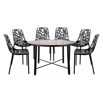 LeisureMod - Devon Modern 7-Piece Aluminum Outdoor Dining Set with Dining Table and 6 Stackable Flower Design Chairs