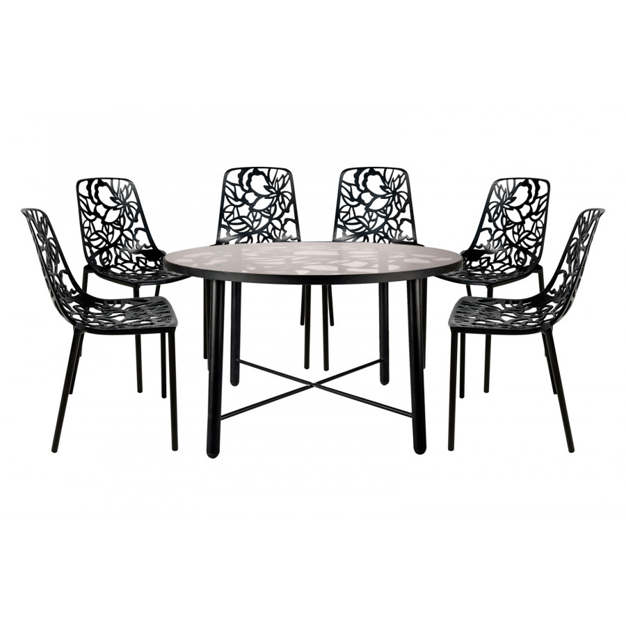 LeisureMod Devon Modern 7-Piece Aluminum Outdoor Dining Set with Dining Table and 6 Stackable Flower Design Chairs - Black