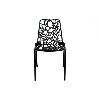 LeisureMod Devon Modern 7-Piece Aluminum Outdoor Dining Set with Dining Table and 6 Stackable Flower Design Chairs - Black