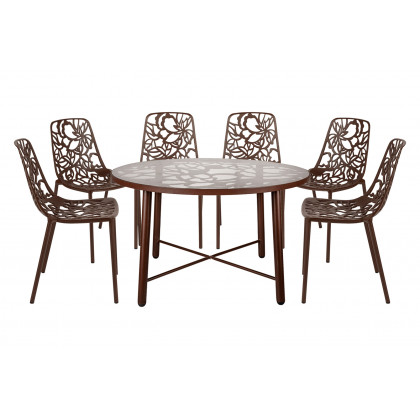 LeisureMod - Devon Modern 7-Piece Aluminum Outdoor Dining Set with Dining Table and 6 Stackable Flower Design Chairs