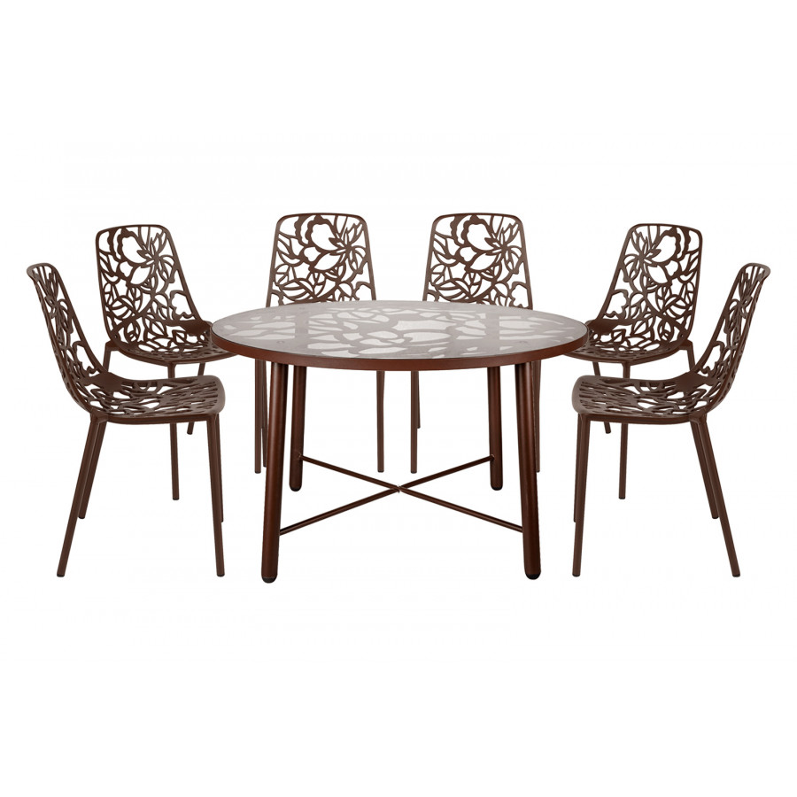 LeisureMod Devon Modern 7-Piece Aluminum Outdoor Dining Set with Dining Table and 6 Stackable Flower Design Chairs - Brown