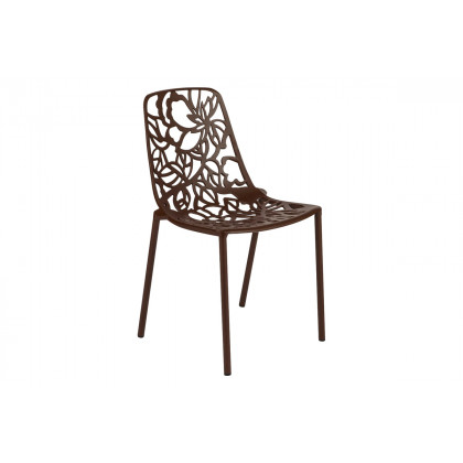 LeisureMod Devon Modern 7-Piece Aluminum Outdoor Dining Set with Dining Table and 6 Stackable Flower Design Chairs - Brown