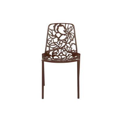 LeisureMod Devon Modern 7-Piece Aluminum Outdoor Dining Set with Dining Table and 6 Stackable Flower Design Chairs - Brown