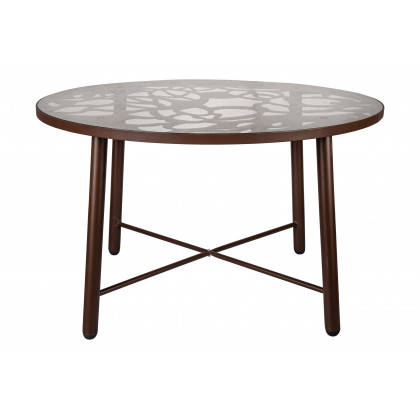 LeisureMod Devon Modern 7-Piece Aluminum Outdoor Dining Set with Dining Table and 6 Stackable Flower Design Chairs - Brown