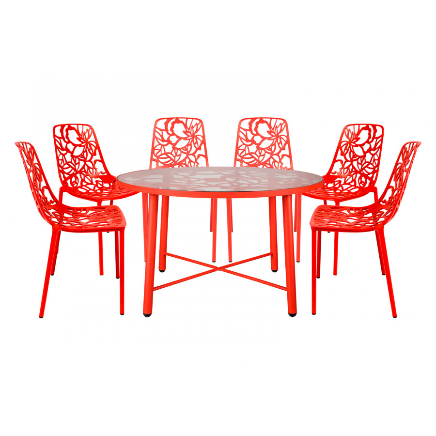 LeisureMod - Devon Modern 7-Piece Aluminum Outdoor Dining Set with Dining Table and 6 Stackable Flower Design Chairs