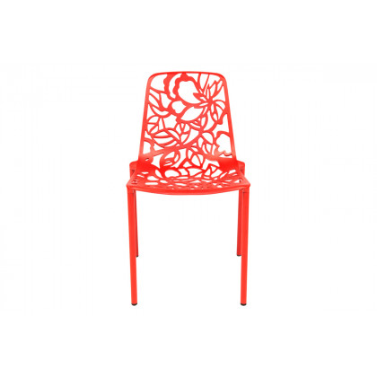 LeisureMod Devon Modern 7-Piece Aluminum Outdoor Dining Set with Dining Table and 6 Stackable Flower Design Chairs - Red