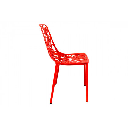 LeisureMod Devon Modern 7-Piece Aluminum Outdoor Dining Set with Dining Table and 6 Stackable Flower Design Chairs - Red