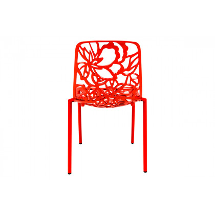 LeisureMod Devon Modern 7-Piece Aluminum Outdoor Dining Set with Dining Table and 6 Stackable Flower Design Chairs - Red