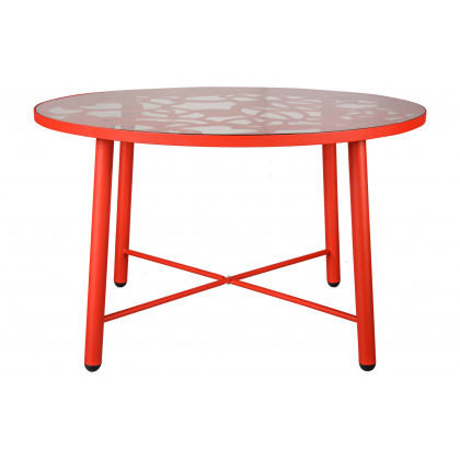 LeisureMod Devon Modern 7-Piece Aluminum Outdoor Dining Set with Dining Table and 6 Stackable Flower Design Chairs - Red