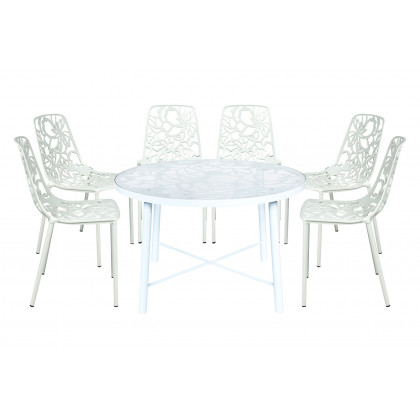 LeisureMod - Devon Modern 7-Piece Aluminum Outdoor Dining Set with Dining Table and 6 Stackable Flower Design Chairs