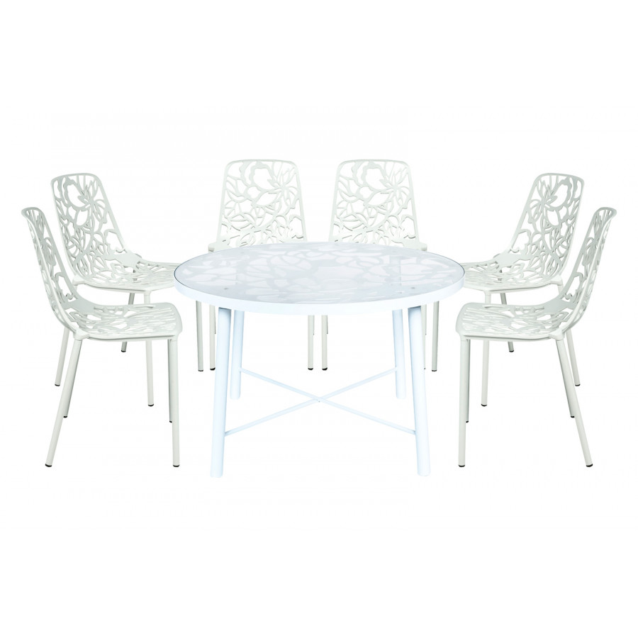 LeisureMod Devon Modern 7-Piece Aluminum Outdoor Dining Set with Dining Table and 6 Stackable Flower Design Chairs - White