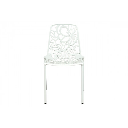 LeisureMod Devon Modern 7-Piece Aluminum Outdoor Dining Set with Dining Table and 6 Stackable Flower Design Chairs - White