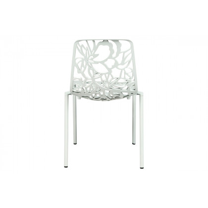 LeisureMod Devon Modern 7-Piece Aluminum Outdoor Dining Set with Dining Table and 6 Stackable Flower Design Chairs - White