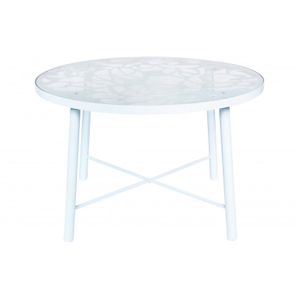 LeisureMod Devon Modern 7-Piece Aluminum Outdoor Dining Set with Dining Table and 6 Stackable Flower Design Chairs - White