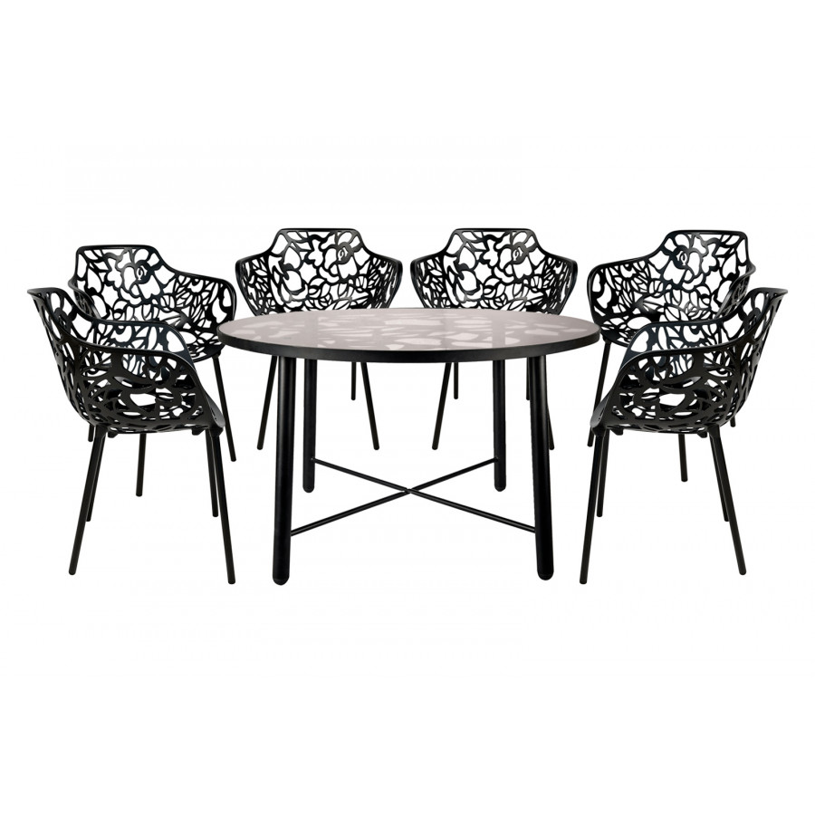 LeisureMod Devon Modern 7-Piece Aluminum Outdoor Dining Set with Dining Table and 6 Stackable Flower Design Armchairs - Black