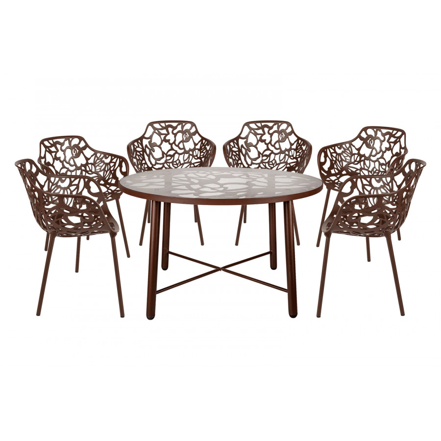LeisureMod Devon Modern 7-Piece Aluminum Outdoor Dining Set with Dining Table and 6 Stackable Flower Design Armchairs - Brown