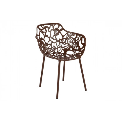 LeisureMod Devon Modern 7-Piece Aluminum Outdoor Dining Set with Dining Table and 6 Stackable Flower Design Armchairs - Brown