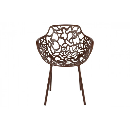 LeisureMod Devon Modern 7-Piece Aluminum Outdoor Dining Set with Dining Table and 6 Stackable Flower Design Armchairs - Brown