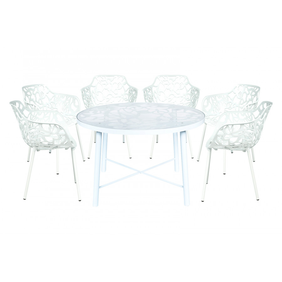 LeisureMod - Devon Modern 7-Piece Aluminum Outdoor Dining Set with Dining Table and 6 Stackable Flower Design Armchairs