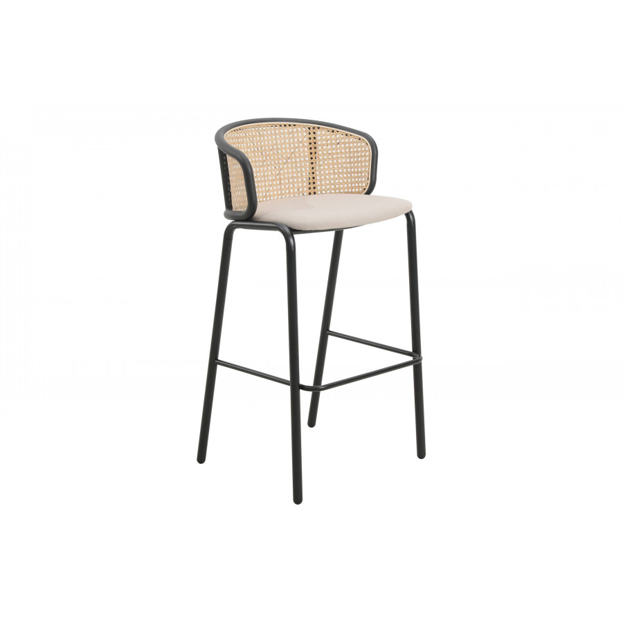 LeisureMod Ervilla Mid-Century Modern Wicker Bar Stool with Fabric Seat and Black Powder Coated Steel Frame - Beige