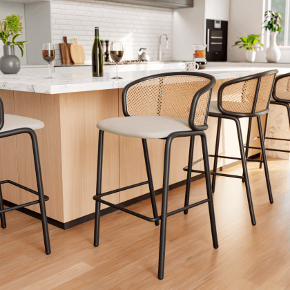 LeisureMod Ervilla Mid-Century Modern Wicker Bar Stool with Fabric Seat and Black Powder Coated Steel Frame - Beige