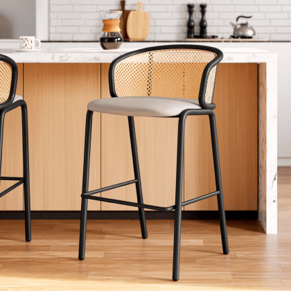 LeisureMod Ervilla Mid-Century Modern Wicker Bar Stool with Fabric Seat and Black Powder Coated Steel Frame - Beige