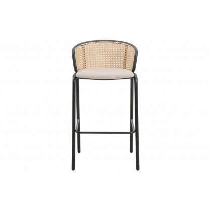 LeisureMod Ervilla Mid-Century Modern Wicker Bar Stool with Fabric Seat and Black Powder Coated Steel Frame - Beige