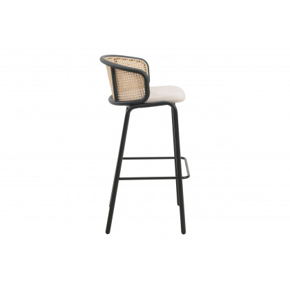 LeisureMod Ervilla Mid-Century Modern Wicker Bar Stool with Fabric Seat and Black Powder Coated Steel Frame - Beige