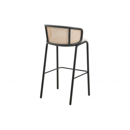 LeisureMod Ervilla Mid-Century Modern Wicker Bar Stool with Fabric Seat and Black Powder Coated Steel Frame - Beige