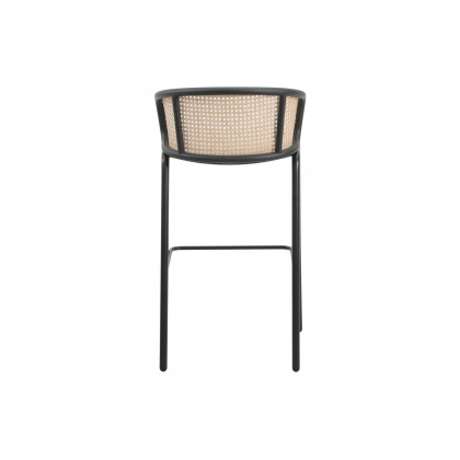 LeisureMod Ervilla Mid-Century Modern Wicker Bar Stool with Fabric Seat and Black Powder Coated Steel Frame - Beige