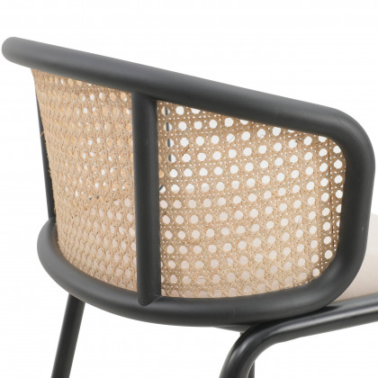 LeisureMod Ervilla Mid-Century Modern Wicker Bar Stool with Fabric Seat and Black Powder Coated Steel Frame - Beige