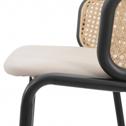 LeisureMod Ervilla Mid-Century Modern Wicker Bar Stool with Fabric Seat and Black Powder Coated Steel Frame - Beige