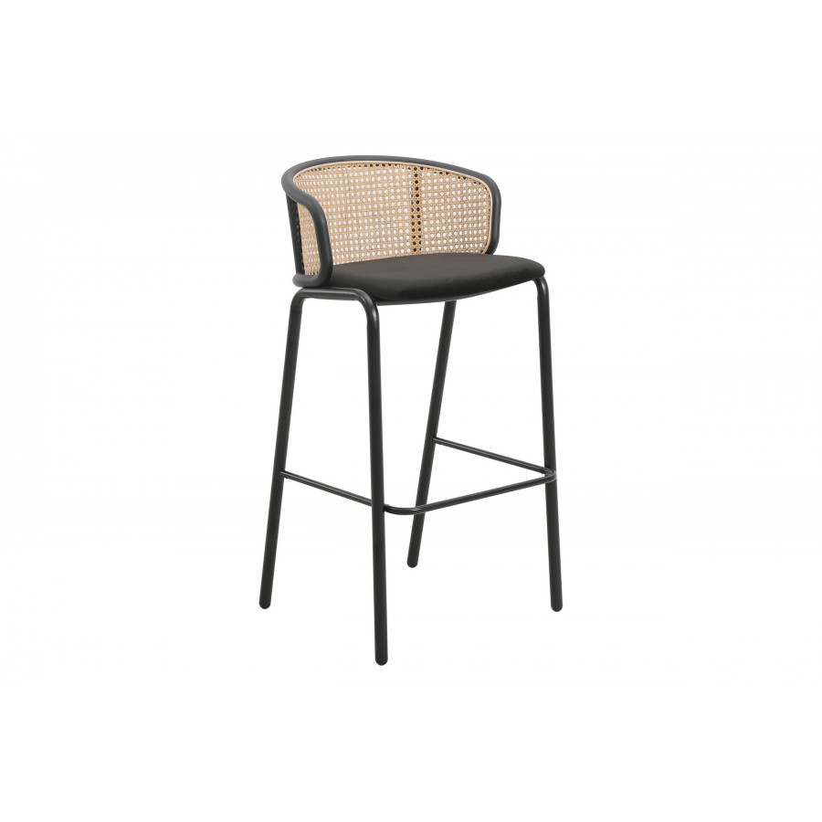 LeisureMod Ervilla Mid-Century Modern Wicker Bar Stool with Fabric Seat and Black Powder Coated Steel Frame - Black