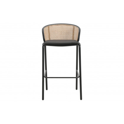 LeisureMod Ervilla Mid-Century Modern Wicker Bar Stool with Fabric Seat and Black Powder Coated Steel Frame - Black