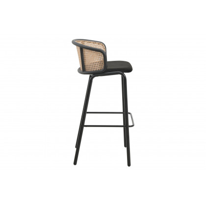 LeisureMod Ervilla Mid-Century Modern Wicker Bar Stool with Fabric Seat and Black Powder Coated Steel Frame - Black