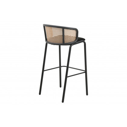 LeisureMod Ervilla Mid-Century Modern Wicker Bar Stool with Fabric Seat and Black Powder Coated Steel Frame - Black