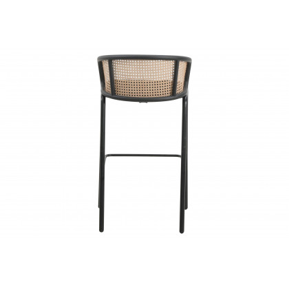 LeisureMod Ervilla Mid-Century Modern Wicker Bar Stool with Fabric Seat and Black Powder Coated Steel Frame - Black