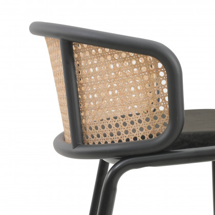 LeisureMod Ervilla Mid-Century Modern Wicker Bar Stool with Fabric Seat and Black Powder Coated Steel Frame - Black