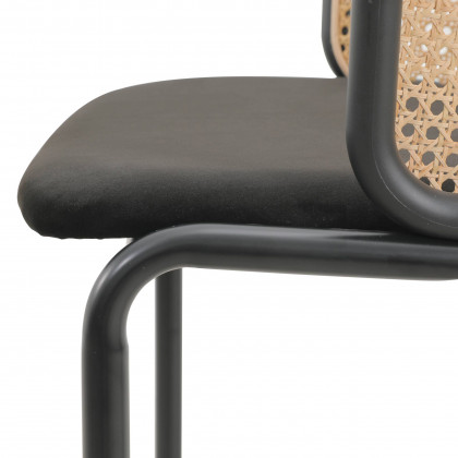 LeisureMod Ervilla Mid-Century Modern Wicker Bar Stool with Fabric Seat and Black Powder Coated Steel Frame - Black