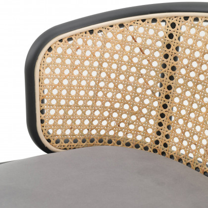 LeisureMod Ervilla Mid-Century Modern Wicker Bar Stool with Fabric Seat and Black Powder Coated Steel Frame - Gray
